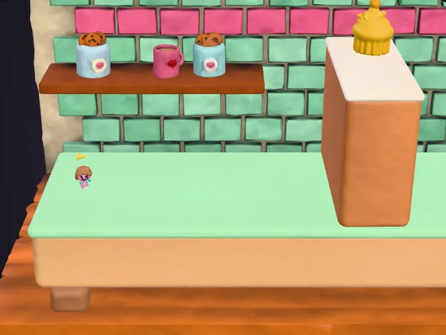 Fella on a clay counter below a wall, with a golden cupcake on top