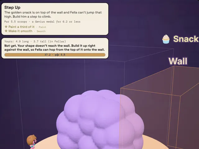 A lump of purple clay sculpted beside the wall, with a ruler showing the wall is five Fellas tall