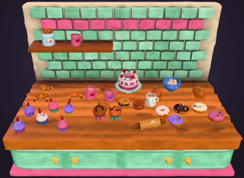 The Bakery counter scene from Blend In: a clay counter full of cakes, cupcakes and pastries