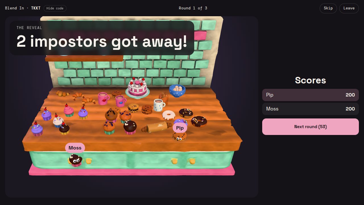 The big screen at the end of a Blend In round: a clay bakery, with two players revealed as the cupcake and the cookie they hid as