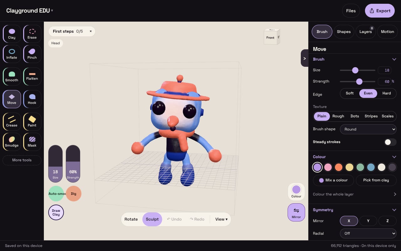 The classroom studio on a laptop: a clay character in the middle, brushes on the left, settings on the right