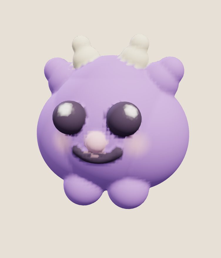 A round lilac clay fella with little horns, big shiny eyes and a smile, from Clayground's browser studio