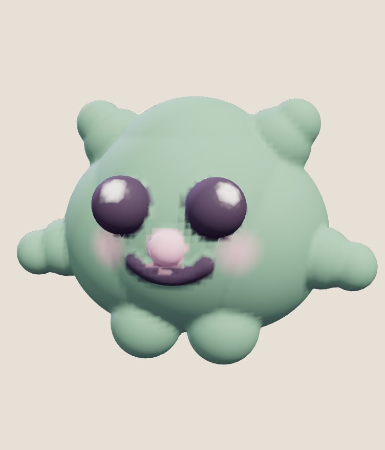 A round sage-green clay fella with stubby arms, big shiny eyes and a smile, from Clayground's browser studio