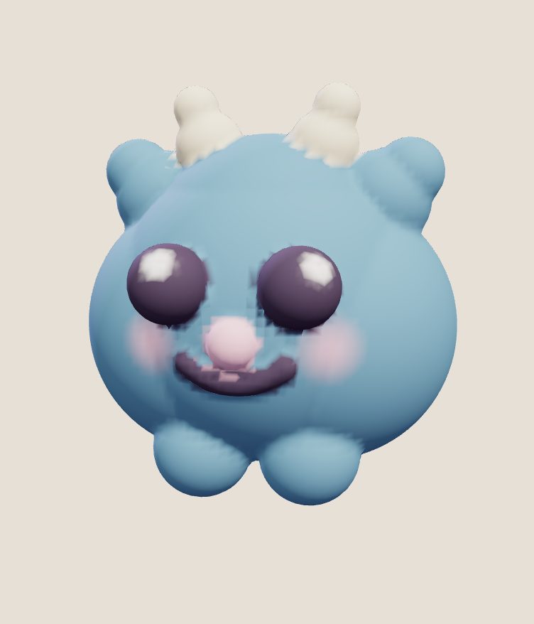 A round sky-blue clay fella with little horns, big shiny eyes and a smile, from Clayground's browser studio