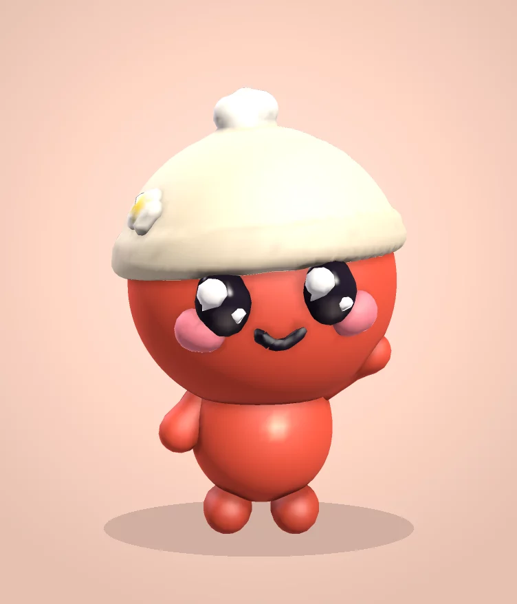 A tomato-red Phetta Fella in a cream beanie with a pom-pom, sparkly eyes and a smile, waving