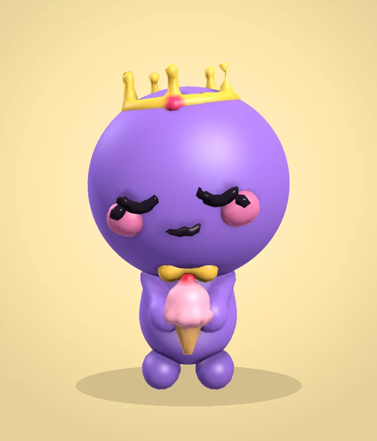 A purple Phetta Fella in a gold crown, eyes peacefully closed, holding a pink ice cream