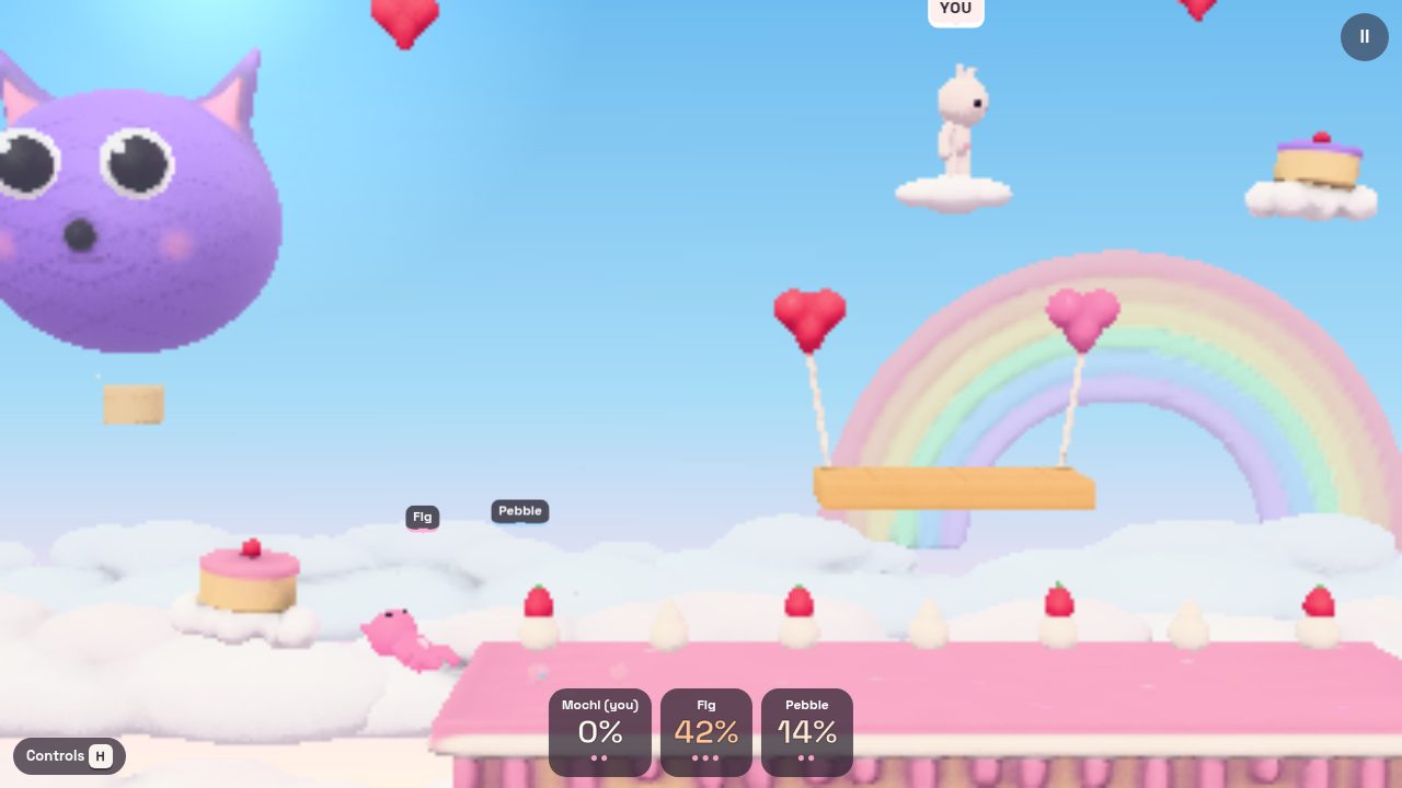 A Smoosh fight on the cake stage: three clay fighters and their damage percentages