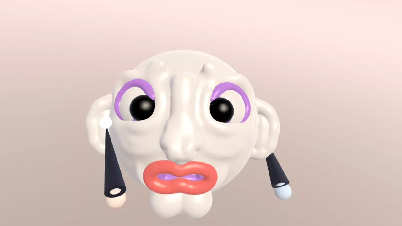 A painted clay face with dark eyes, purple eyelids and pink lips