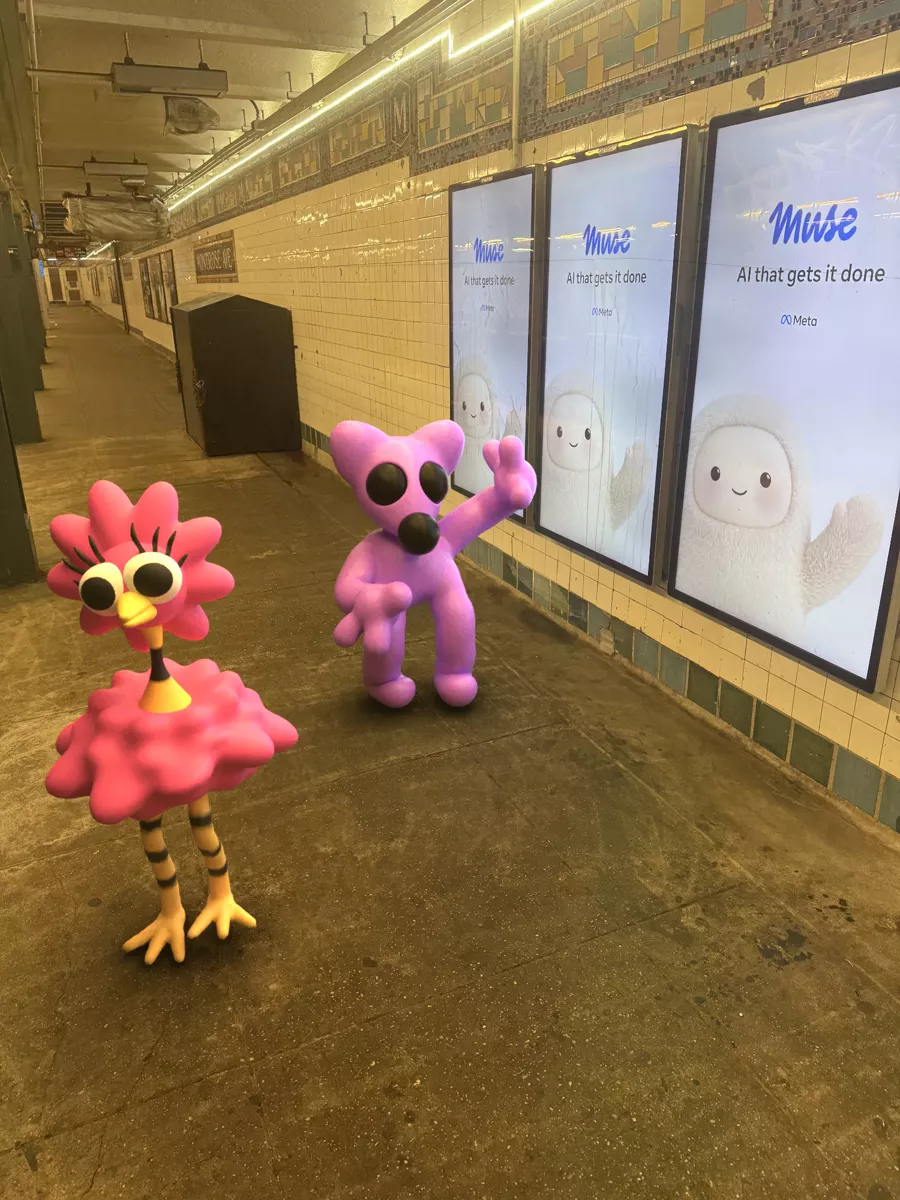 Two sculpted characters, a pink bird and a purple bear, standing on a subway platform in AR